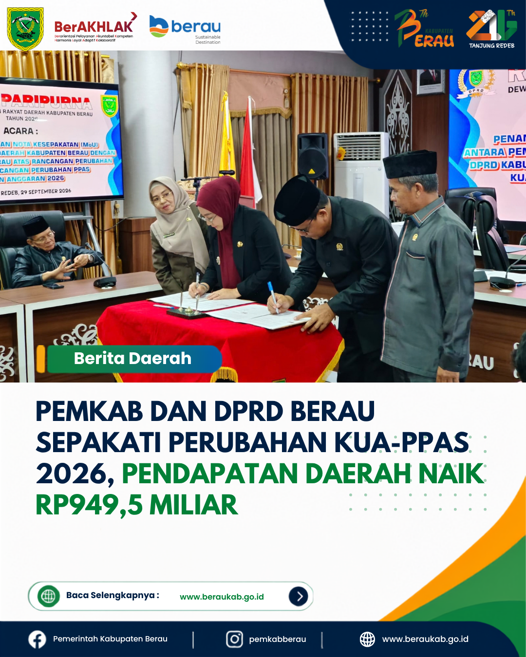 Pemkab dan DPRD Berau Sepakati Perubahan KUA-PPAS 2026, Pendapatan Daerah Naik Rp949,5 Miliar.